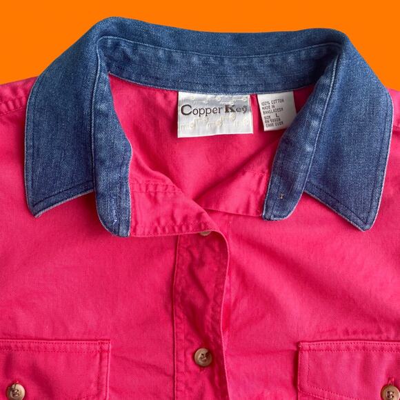 90's vintage pink 100% cotton denim collared sleeveless button up shirt LARGE - Picture 4 of 7